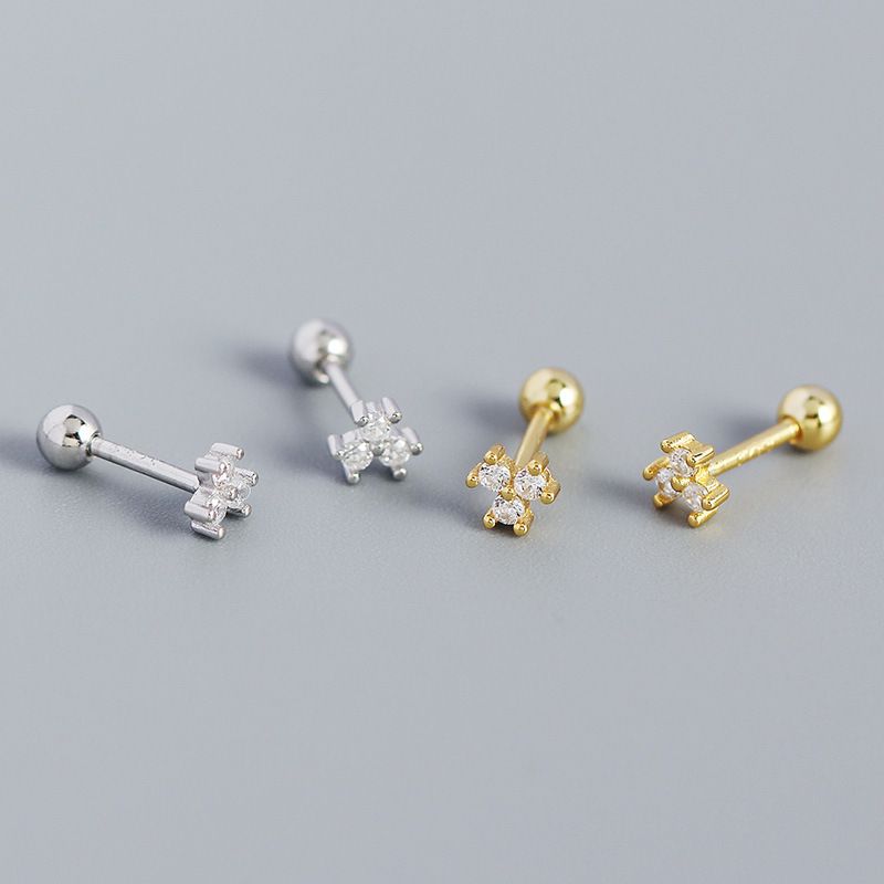 S925 Argent Fleur Diamant Mini Vis Oreille Os Boucles D&#39;oreilles Douces