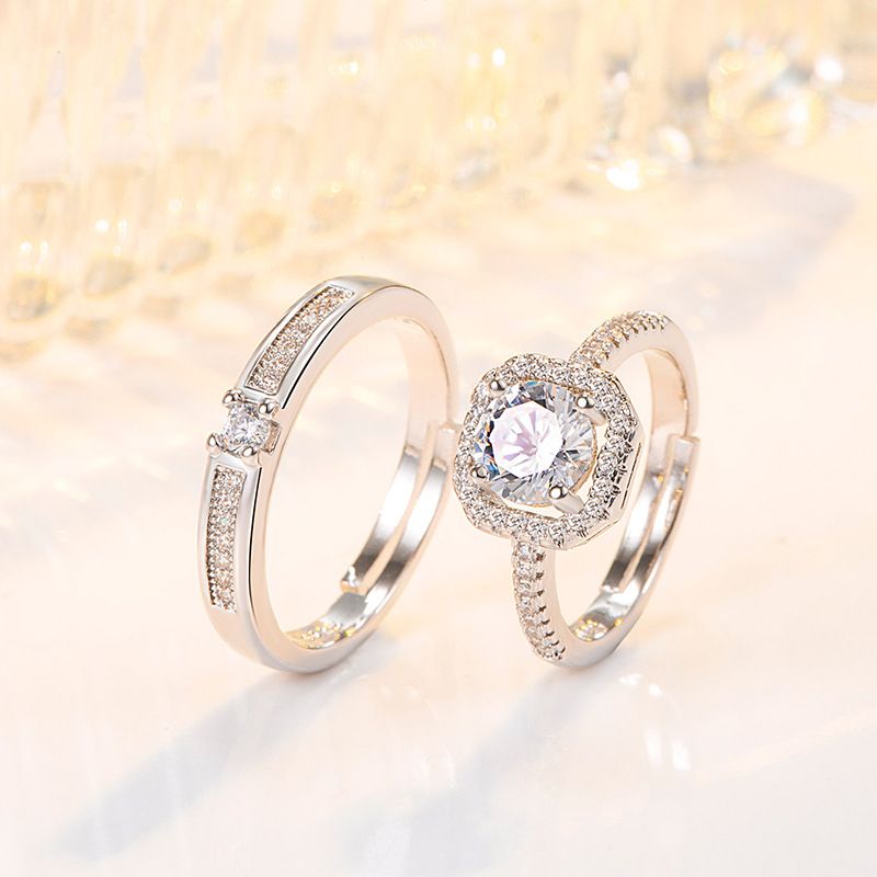 Korean Copper Diamond-encrusted Four-claw Zircon Couple Ring Female