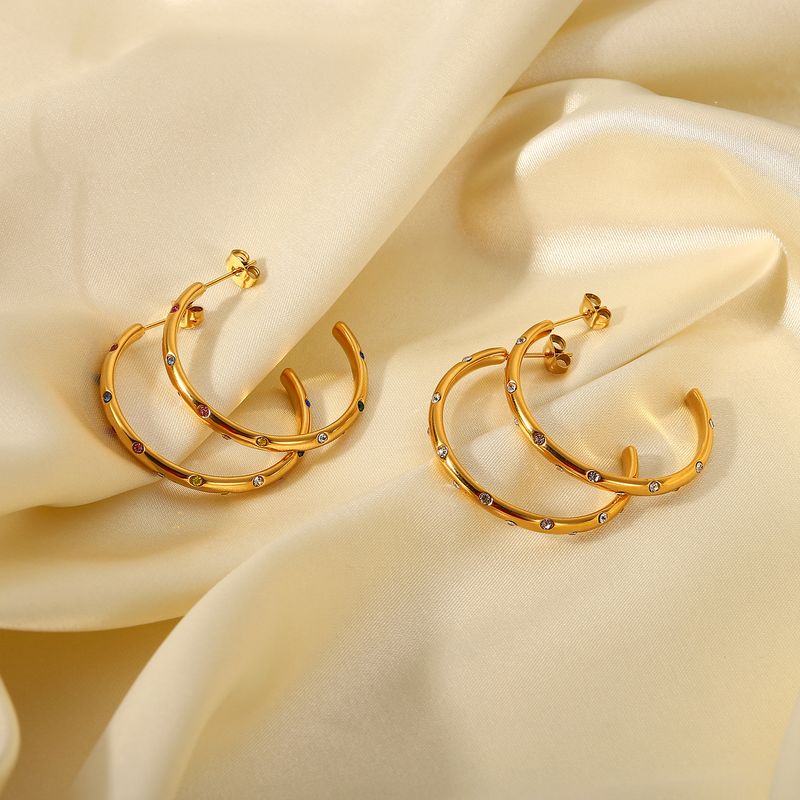 Fashion C Shape Plating Stainless Steel Zircon Gold Plated Earrings