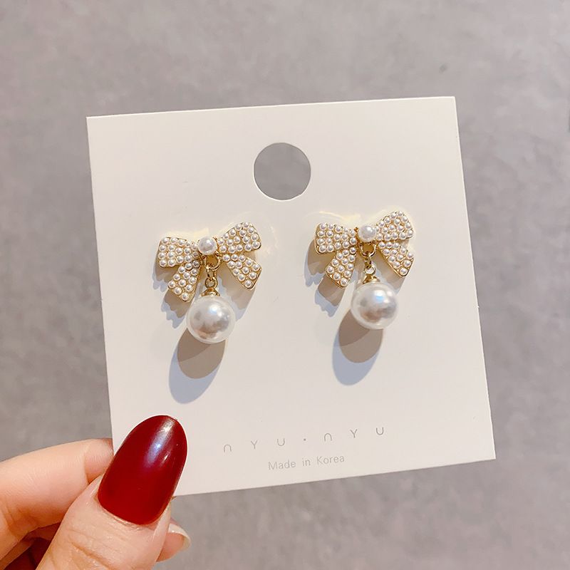 Korean Fashion Bow Inlaid Pearl Copper Drop Earrings Female