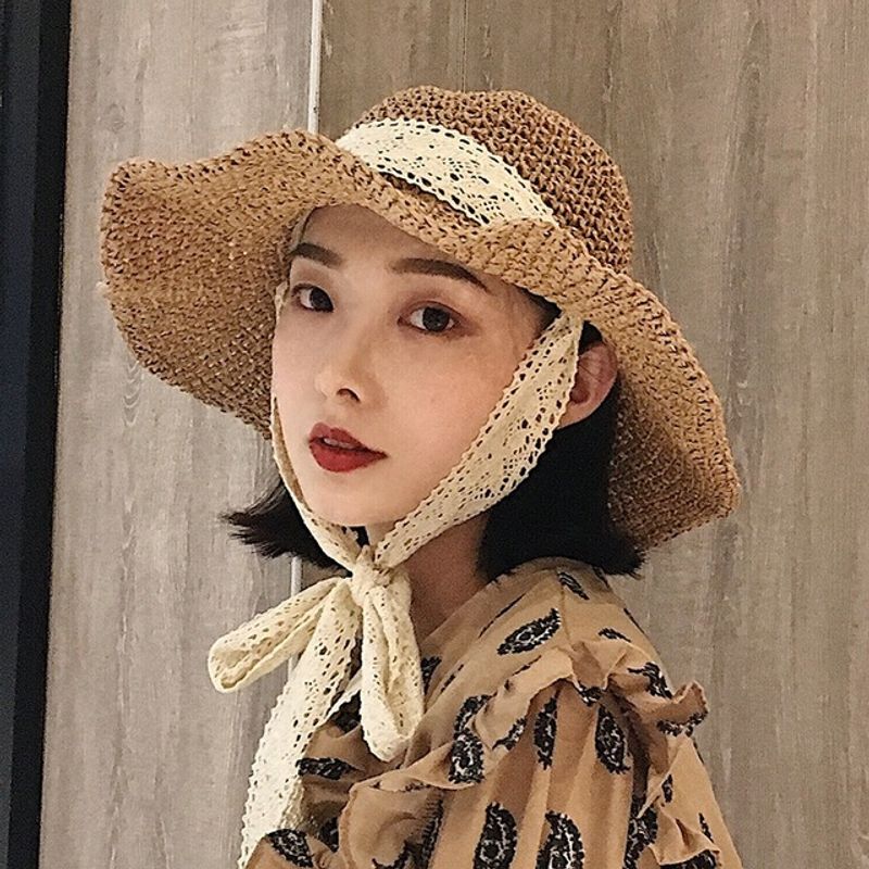 Fashion Foldable Straw Hat Lace Straps Big Brim Sun Hat