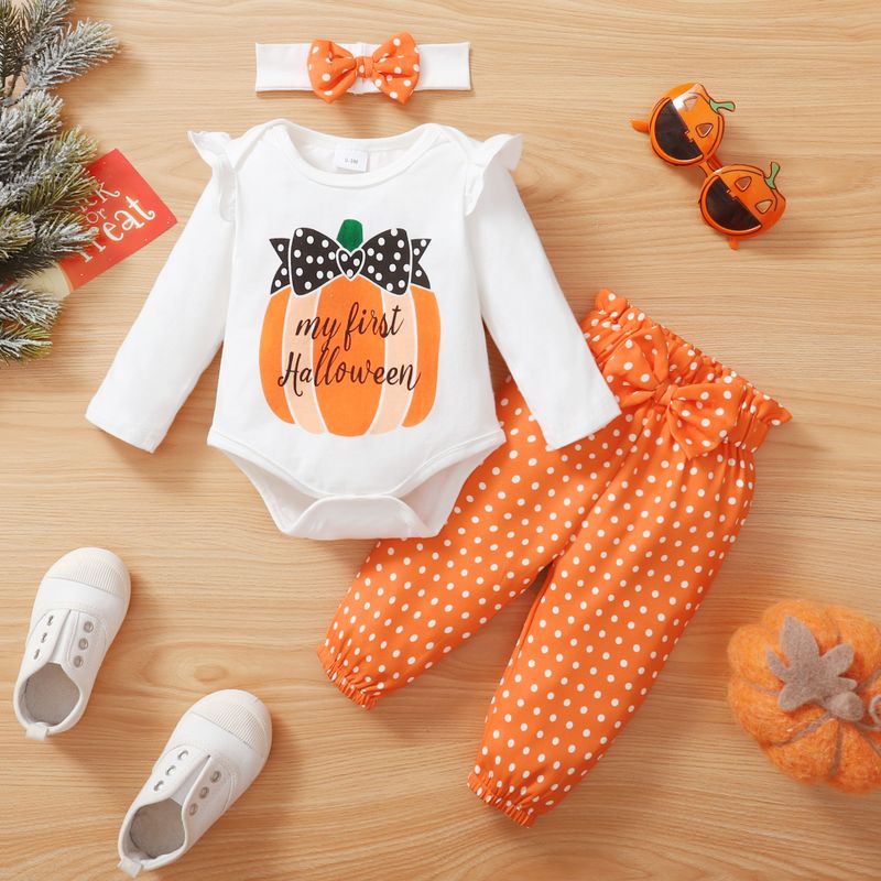 Fashion Pumpkin Polka Dot Long Sleeve Romper Three Piece Set
