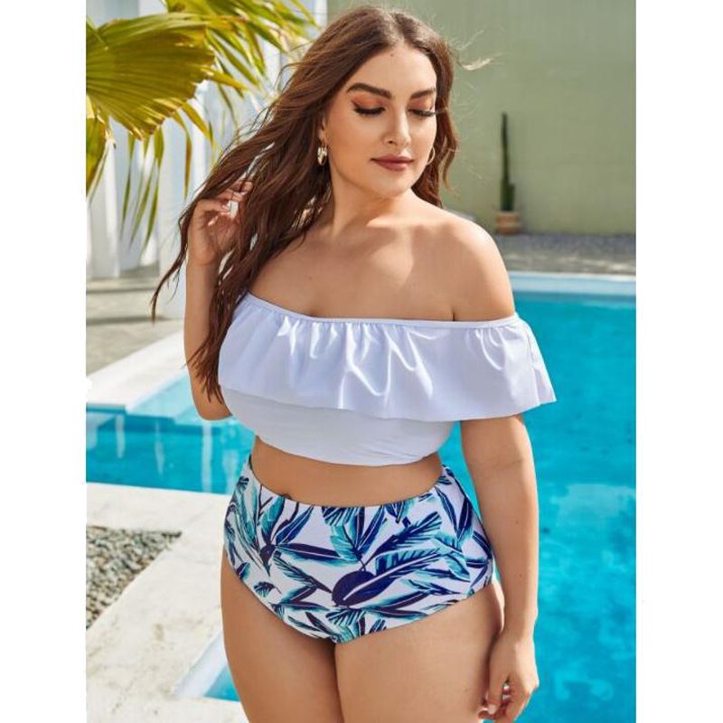 Neuer Bikini-print Mit One-shoulder-lotusblatt-abdeckungsbauch Plus Größen-badeanzug
