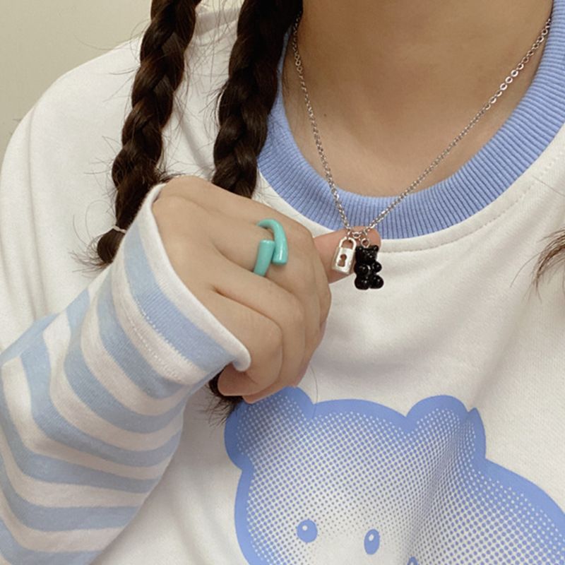 Creative Retro Geometric Cartoon Ladies Bear Lock Pendant Alloy Necklace