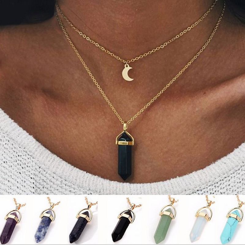 Mode Einfache Mond Sechseckige Spalte Neue Frauen Geometrische Anhänger Legierung Halskette