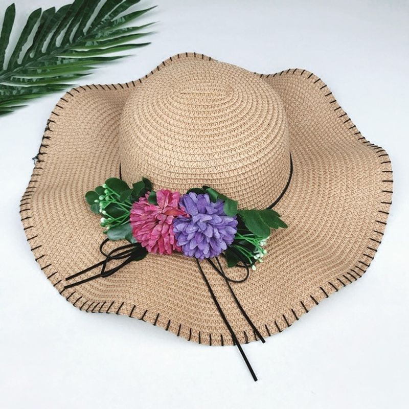 Fashion Flower Straw Hat Sun Simple Solid Color Sunshade Hat