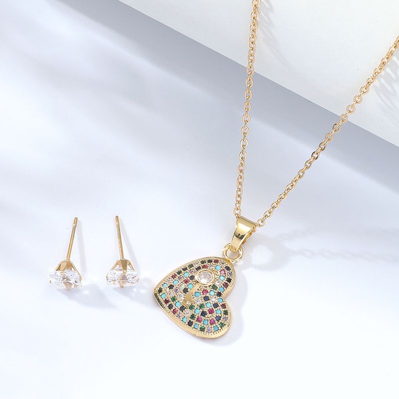 Stainless Steel Colored Zircon Electroplating 18k Gold Key Heart Necklace Earrings Set