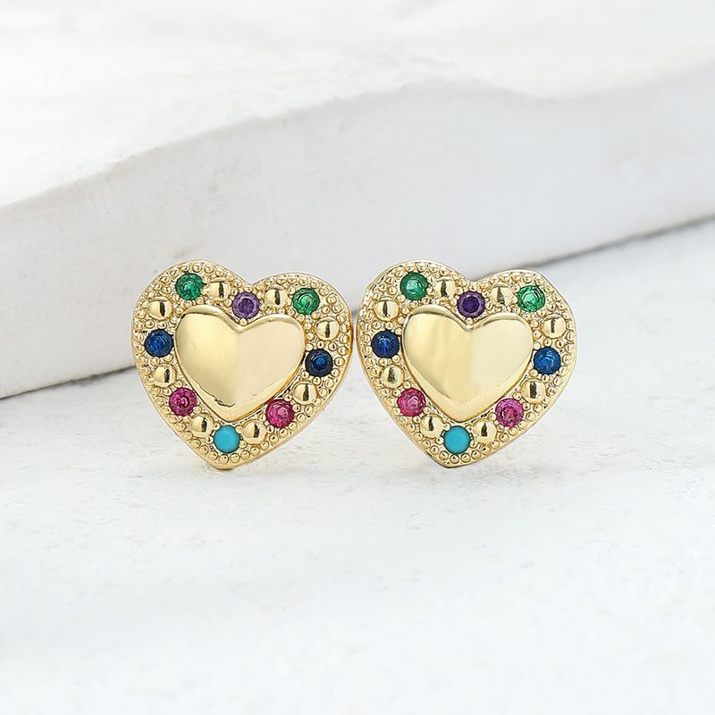 Fashion Copper Inlaid Zircon Electroplating 18k Gold Heart-shaped Stud Earrings