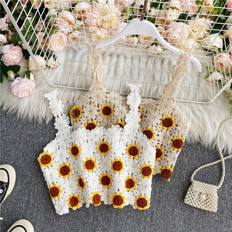 2022 New Retro Embroidered Hollow High Waist Short Knitted Camisole
