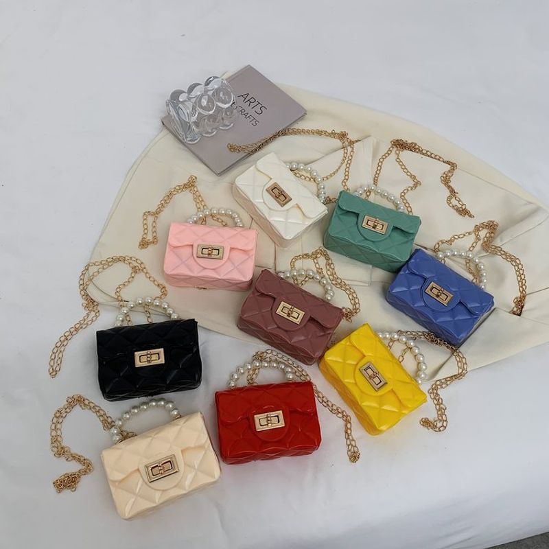 Korean Style Rhombus Plaid Solid Color Pearl Handle Small Messenegr Bag 12*9*5cm