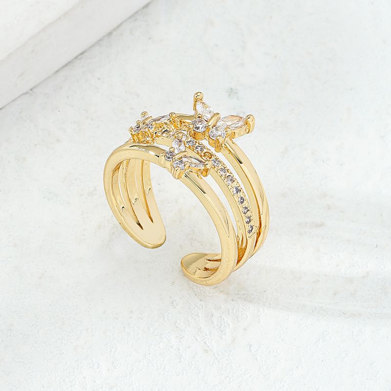 Korean Style Copper Electroplating 18k Gold Inlaid Zircon Butterfly Ring