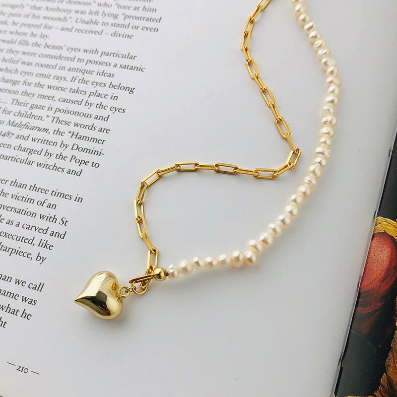 Fashion S925 Sterling Silver Freshwater Pearl Heart Pendant Necklace Female