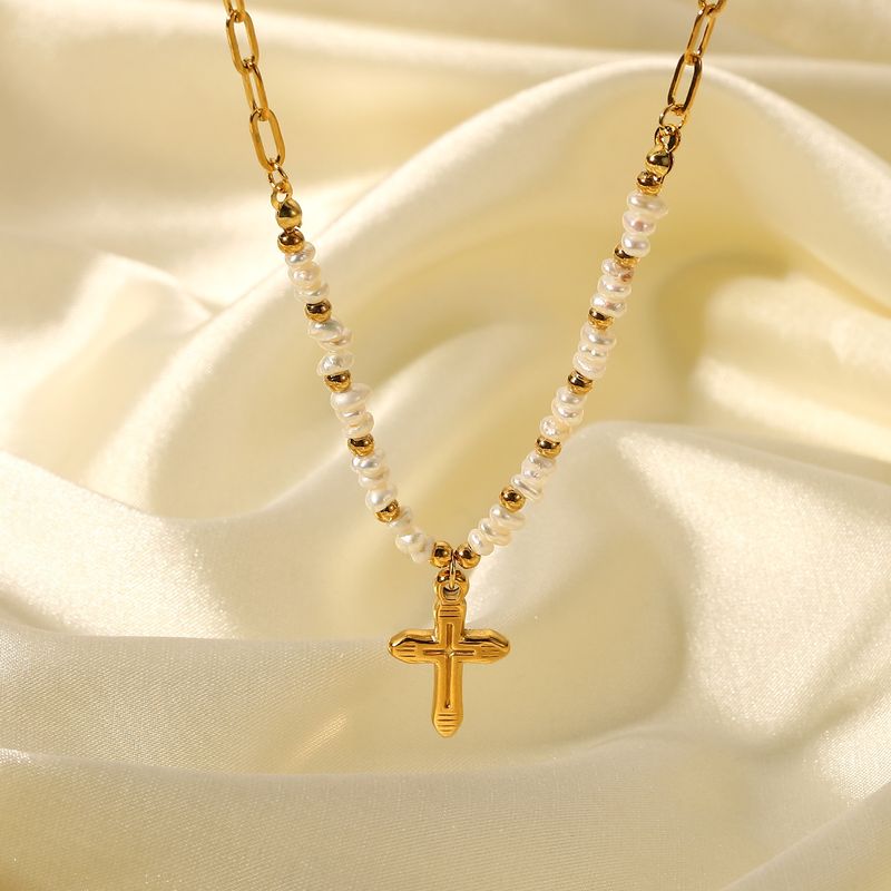 18k Gold Cross Pendant Natural Freshwater Pearl Beads Stitching Stainless Steel Necklace