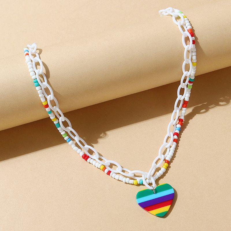Mode Geometrische Harz Regenbogen Pfirsich Herz Perlen Halskette Set