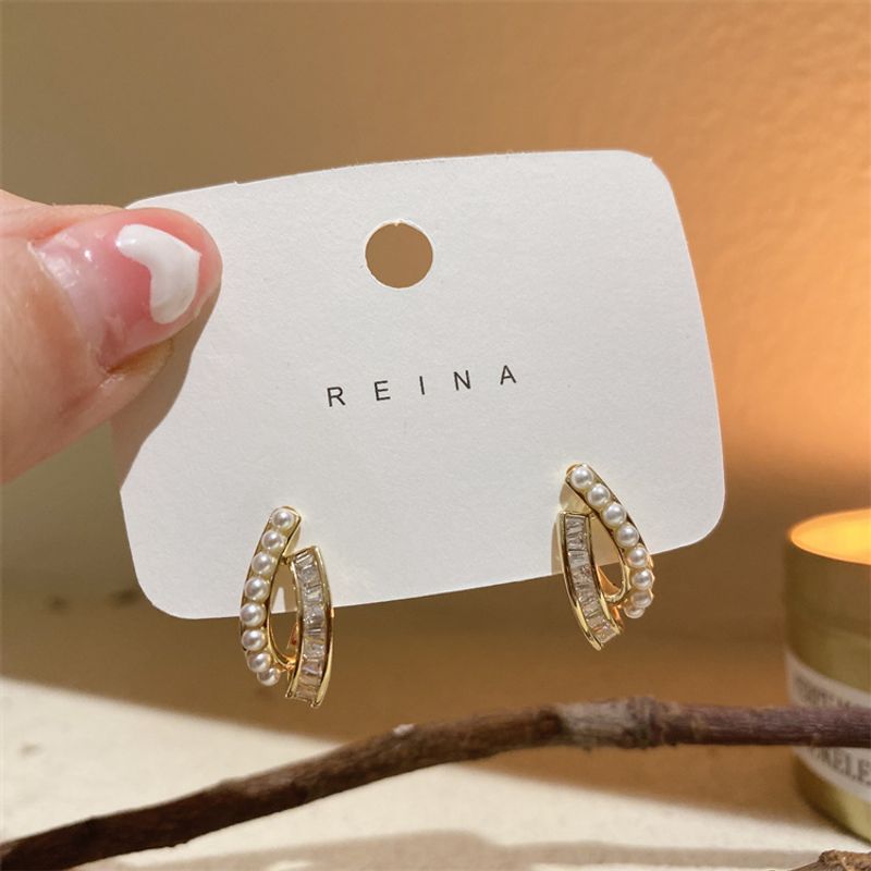 Simple Inlaid Beads Zircon Curved Alloy Stud Earrings