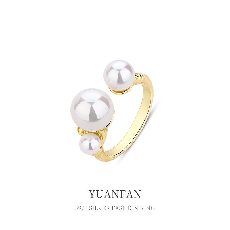 Fashion S925 Sterling Silver Inlaid Pearl Opening Ring Female