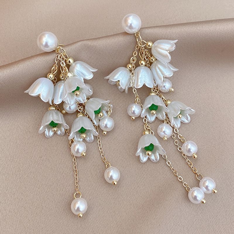 Fashion Pearl Lily Of The Valley Flower Tassel Alloy Drop Earrings