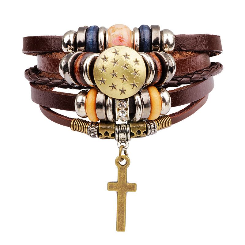 Bijoux Multiples De Bracelet D&#39;alliage De Perles De Cuir Tressé Par Croix De Jésus