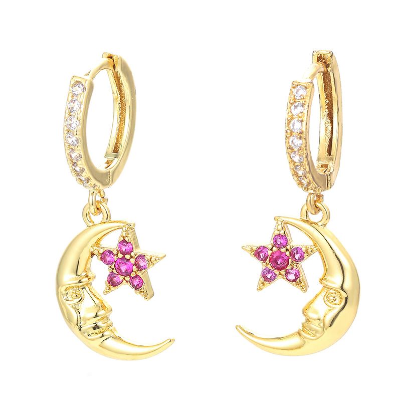 Fashion Simple Star Moon Earrings Zircon Copper Drop Earrings