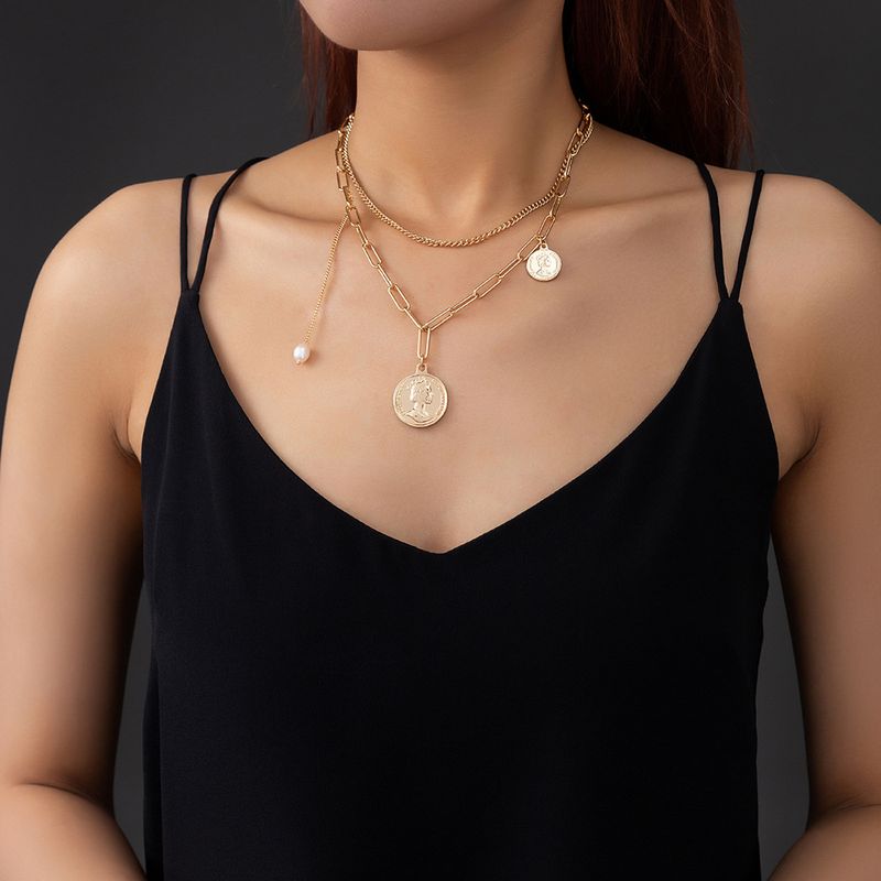 Simple Retro Coin Sweater Multi-layer Pearl Stacking Alloy Necklace