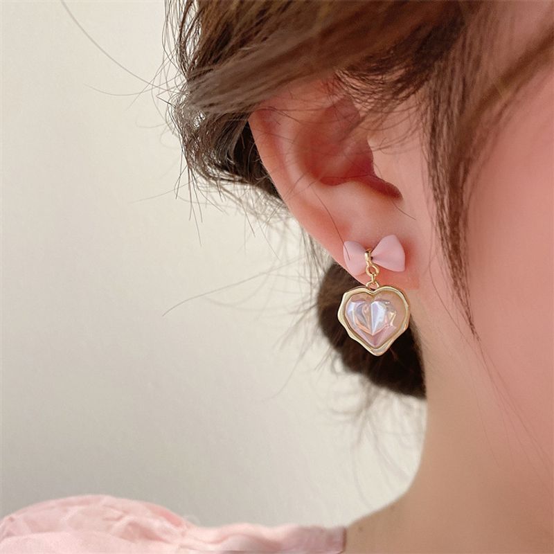 Korean Cherry Blossom Powder Bow Pearl Heart Earrings