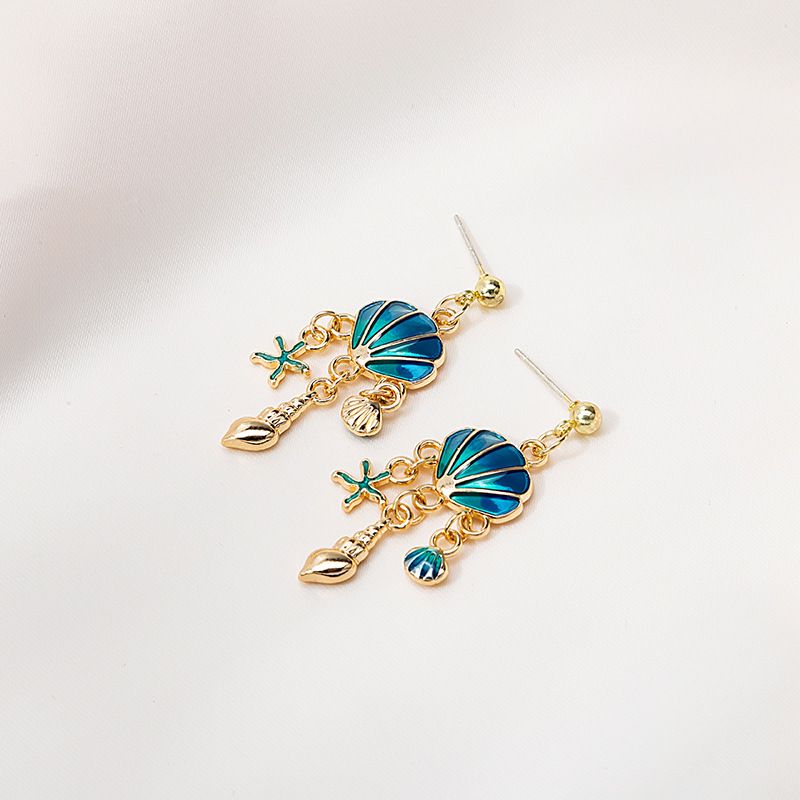 Fashion Ocean Series Blue Shell Star Asymmetric Alloy Drop Earrings