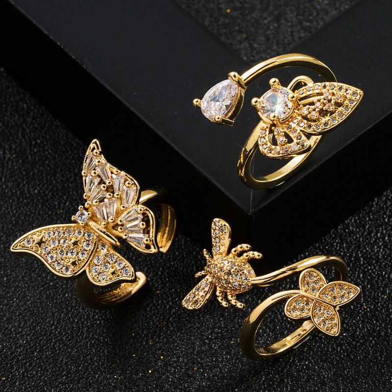 Mode Kupfer Vergoldet Micro-set Zirkon Schmetterling Offener Ring