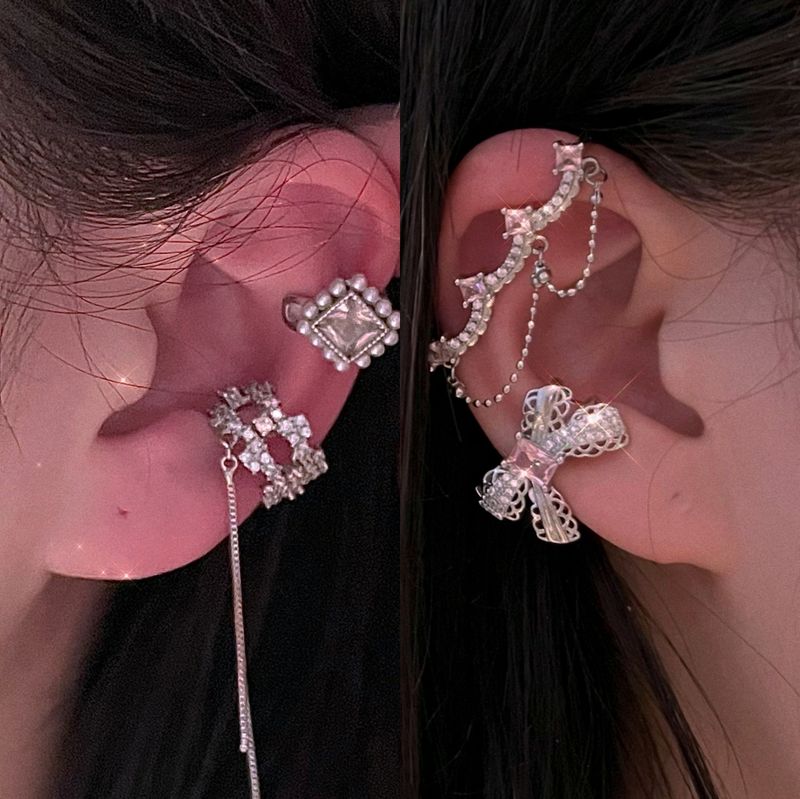 Fashion Pink Diamond-studded Tassel Alloy Ear Bone Clip