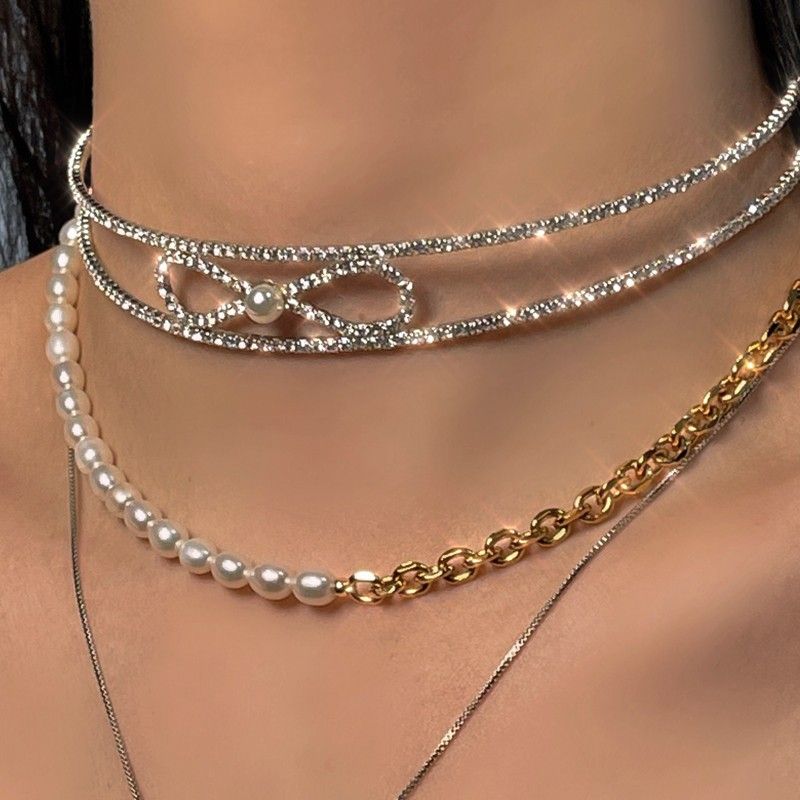 Collar De Aleación De Collar De Moda Dulce Abierto Con Lazo De Diamantes De Imitación Brillante
