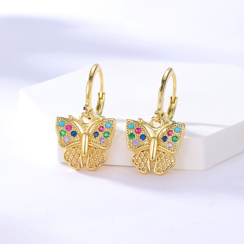 Fashion Copper 18k Gold Plated Colorful Zircon Butterfly Buckle Earrings