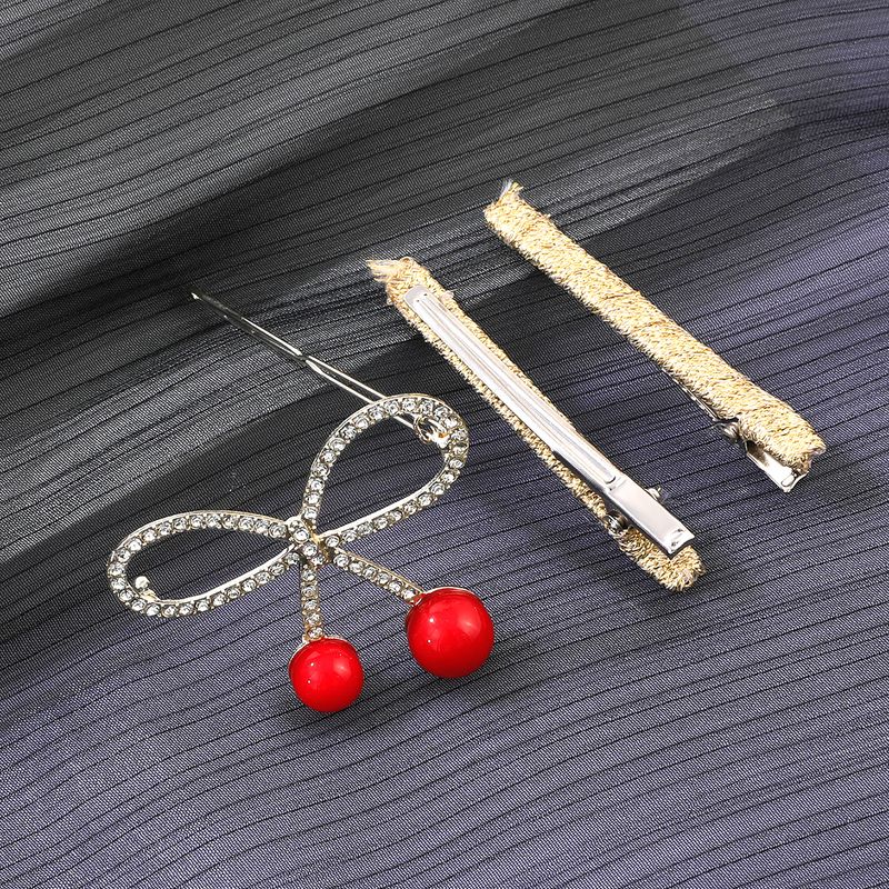 3 Pièces Fashion Red Cherry Bow Bangs Clip Gold Hair Clip Set