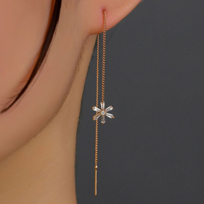 New Flower Zircon Pendant Tassel Pierced Copper Ear Line Earrings