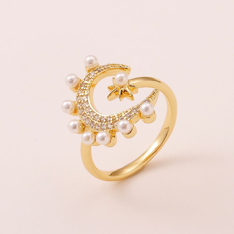 Women's Copper Ring Geometric Moon Star Cute Pearl Tail Ring