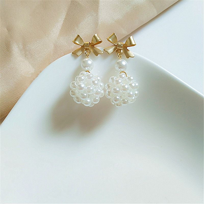 Pearl Heart Long Tassel Earrings Women's Simple Bow Stud Earrings