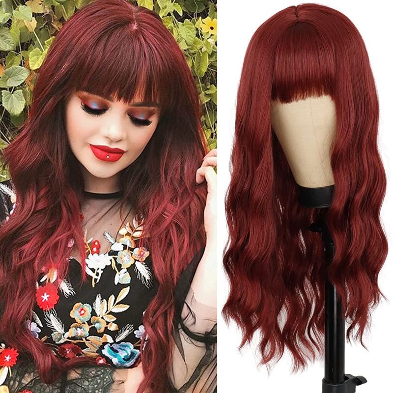 Women's Long Water Ripple Wine Red Headgear High Temperature Wigs 26inches