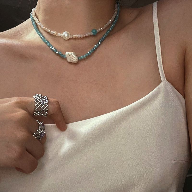 Fashion Double Layered Wearing Crystal Turquoise Pearl Clavicle Chain