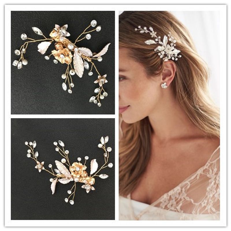Mode Blume Blatt Geformte Eingelegte Perle Strass-legierung Haarspange