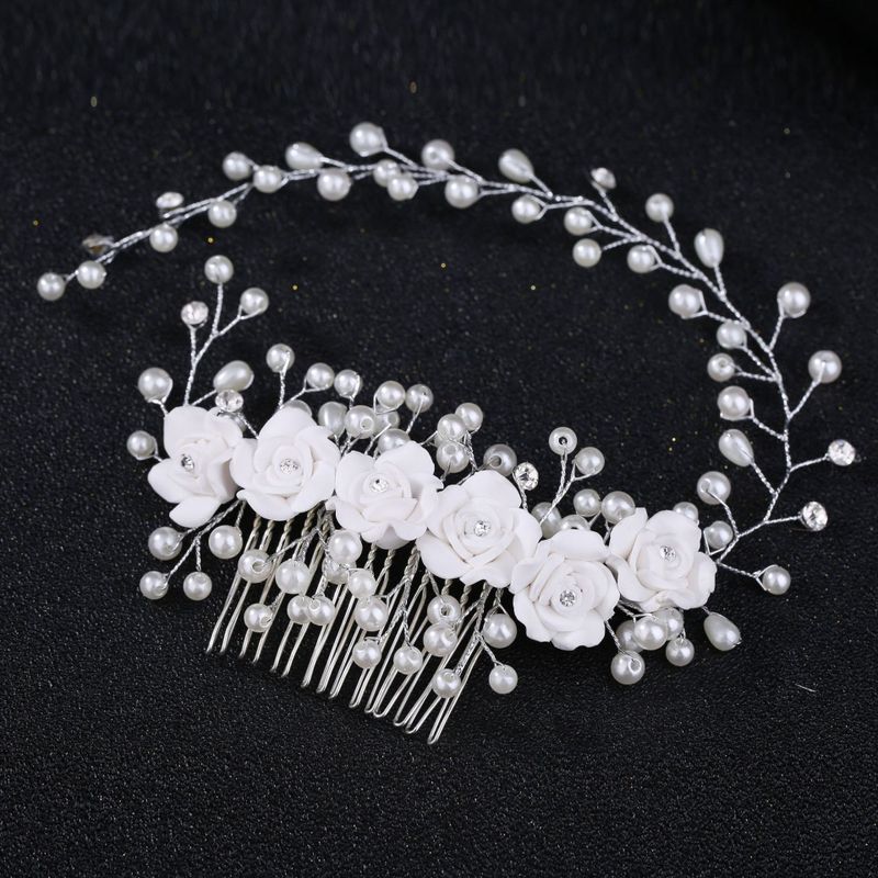 Fashion Bridal Handmade Pearl Flower Soft Pottery Flower Hair Comb