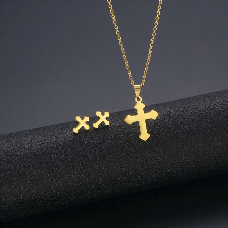 Fashion Simple Cross Titanium Steel Necklace Earrings Set