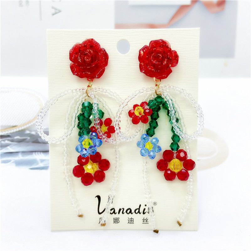 Pendientes De Lazo De Cristal Con Cuentas De Flores Rojas A La Moda Para Mujer