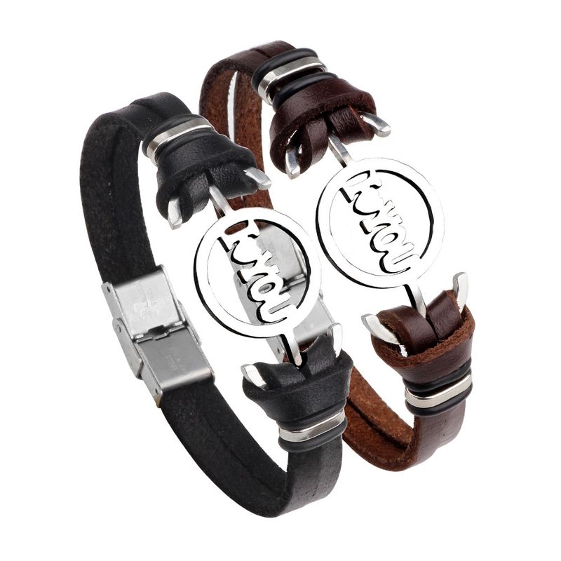 Pulsera De Cuero Con Letras De Acero Inoxidable Versión Coreana Al Por Mayor