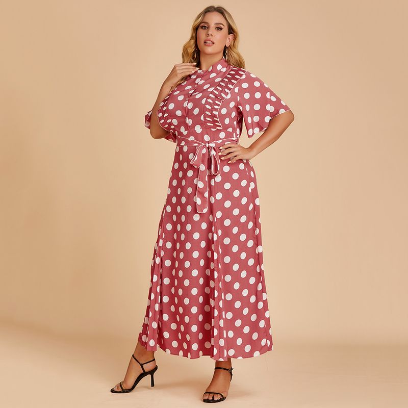 Large Size Women's Stand-up Collar Half-sleeve Polka Dot Loose Dress