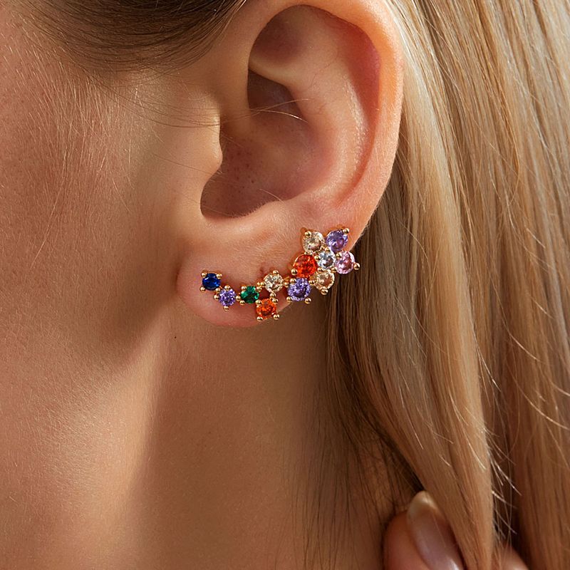 Fashion Copper Electroplating 18k Gold Inlaid Colorful Zircon Flower Earrings