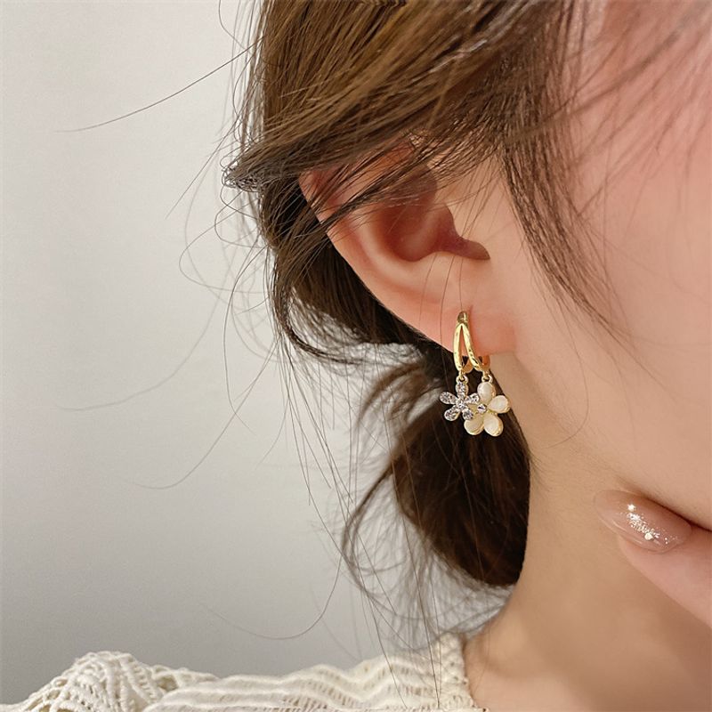 Korean Style Inlaid Zircon Flower Shaped Alloy Drop Earrings