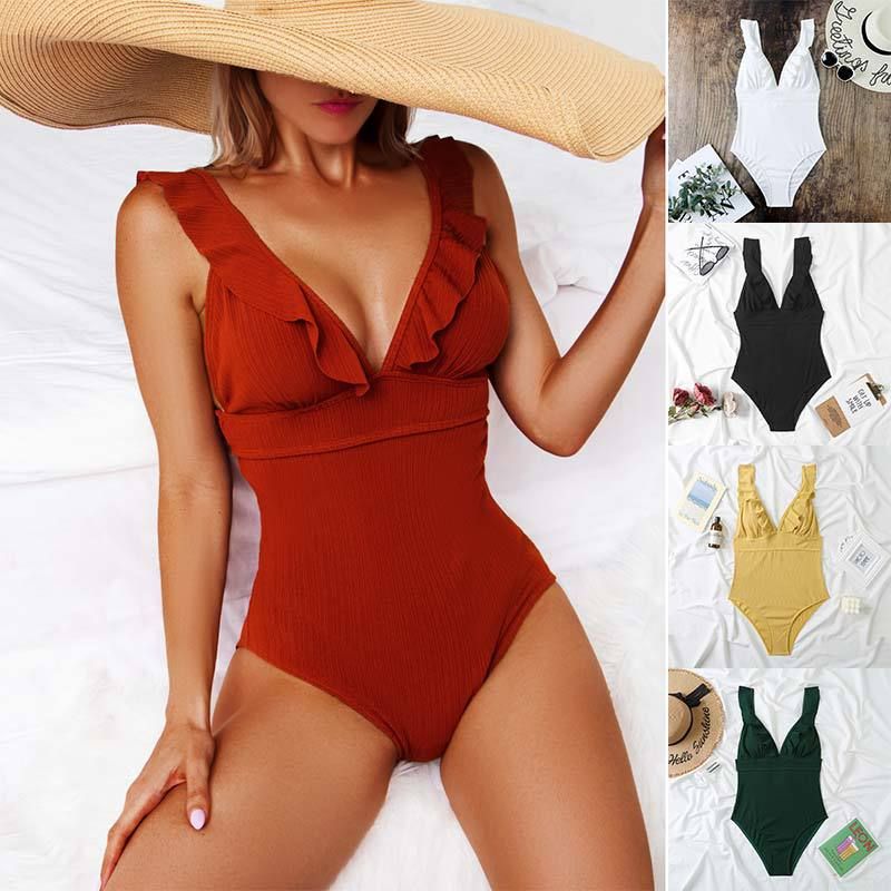 Vintage Style One-piece Solid Color Stripe V-neck Swimsuit Wholesale