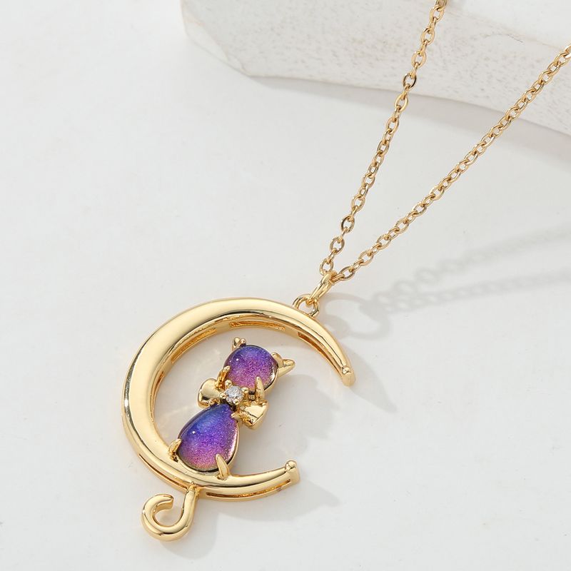 Copper Plated 18k Gold Cat Natural Zircon Pendent Necklace