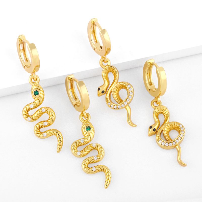 Fashion Retro Diamond-encrusted Zircon Snake-shaped Copper Drop Earrings