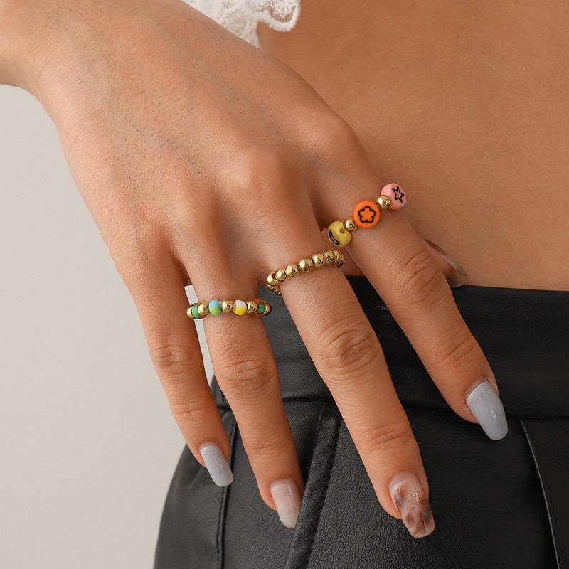 Ethnic Style Color Beaded Smiley Star Fashion Alloy Ring Set