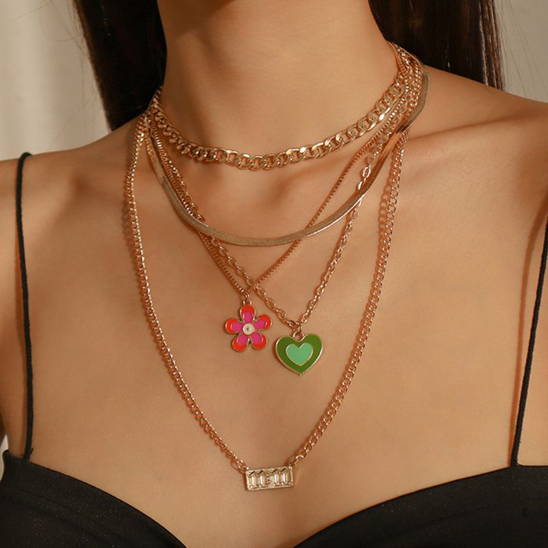 Exaggerated Multi-layered Dripping Oil Heart Flower Digital Multi-layer Necklace