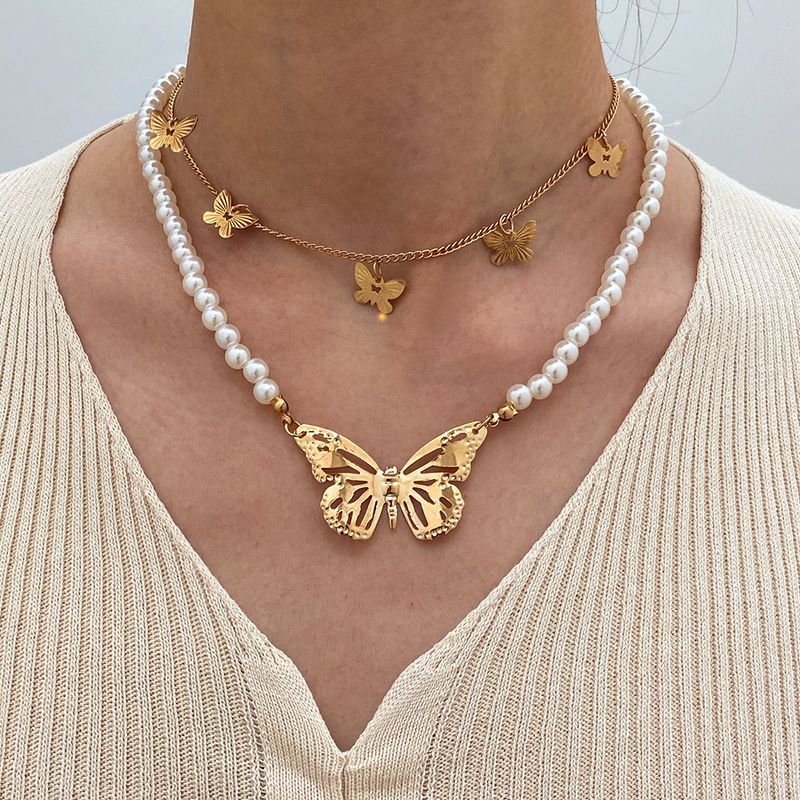Nouveau Collier En Alliage Double Couche De Perles Papillon Mignon Pour Femmes Créatives